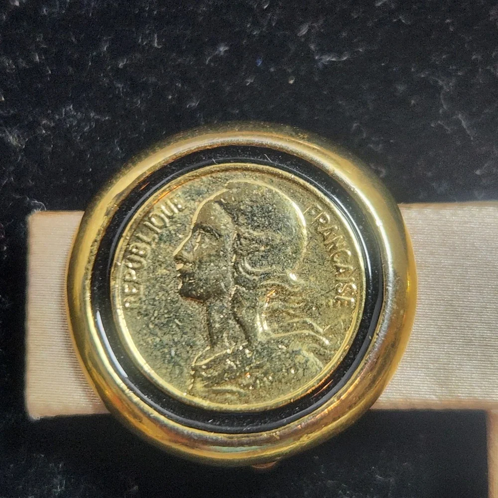 Vintage French Coin Clip On Earrings Gold Tone Republique Francaise Round 1 Inch